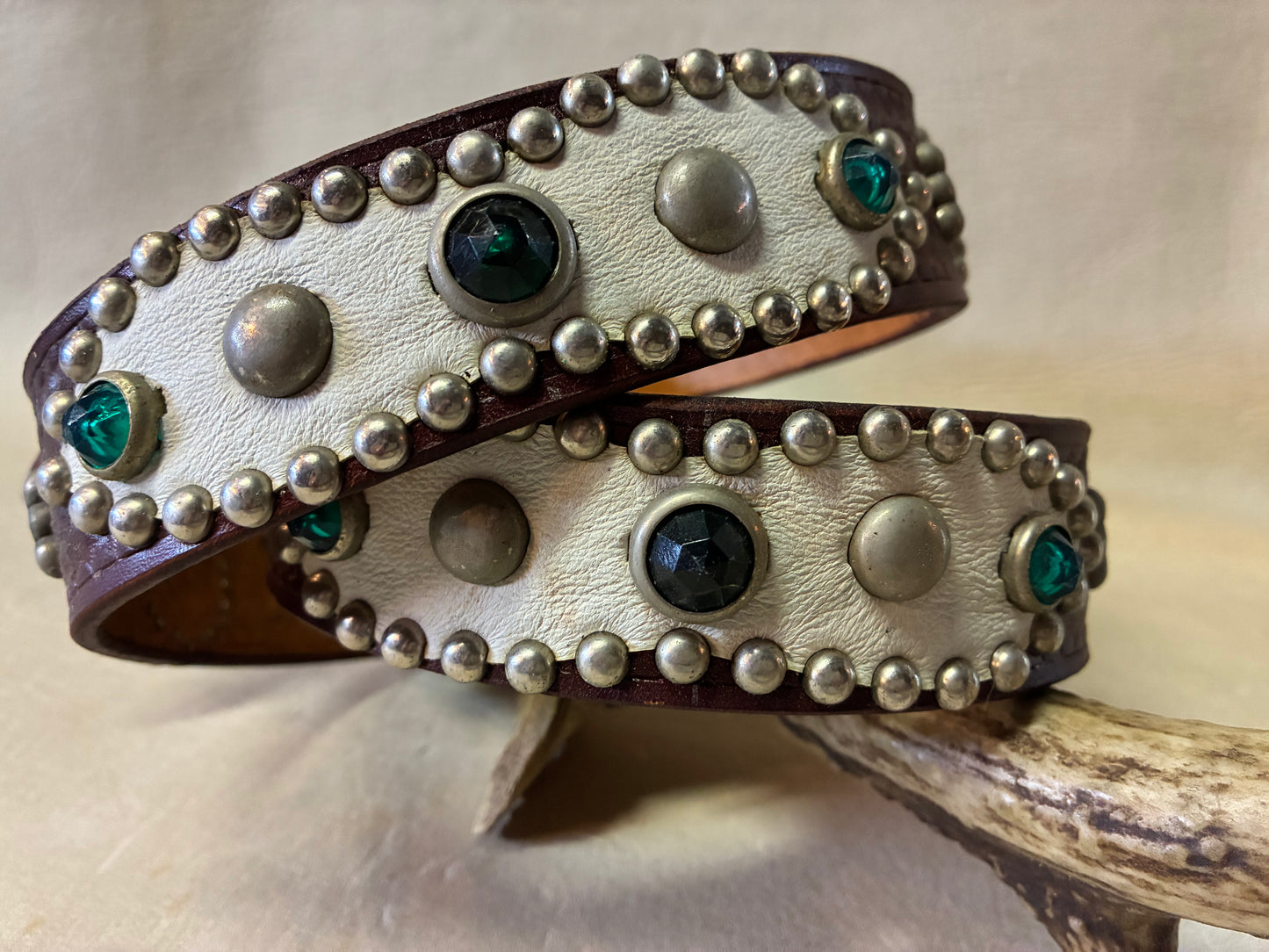 Skull Studded Basket Wave Leather Belt W34inch