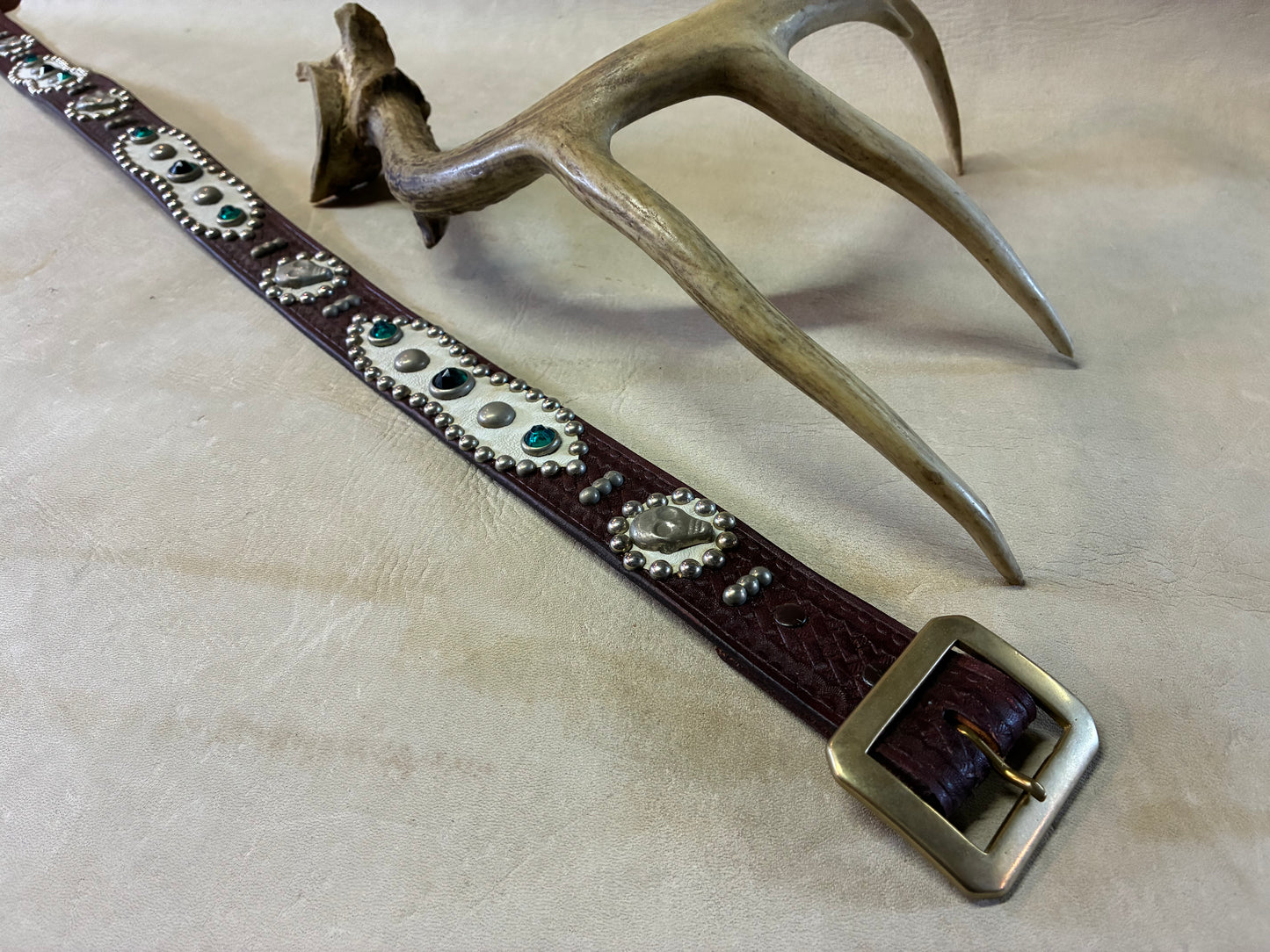Skull Studded Basket Wave Leather Belt W34inch