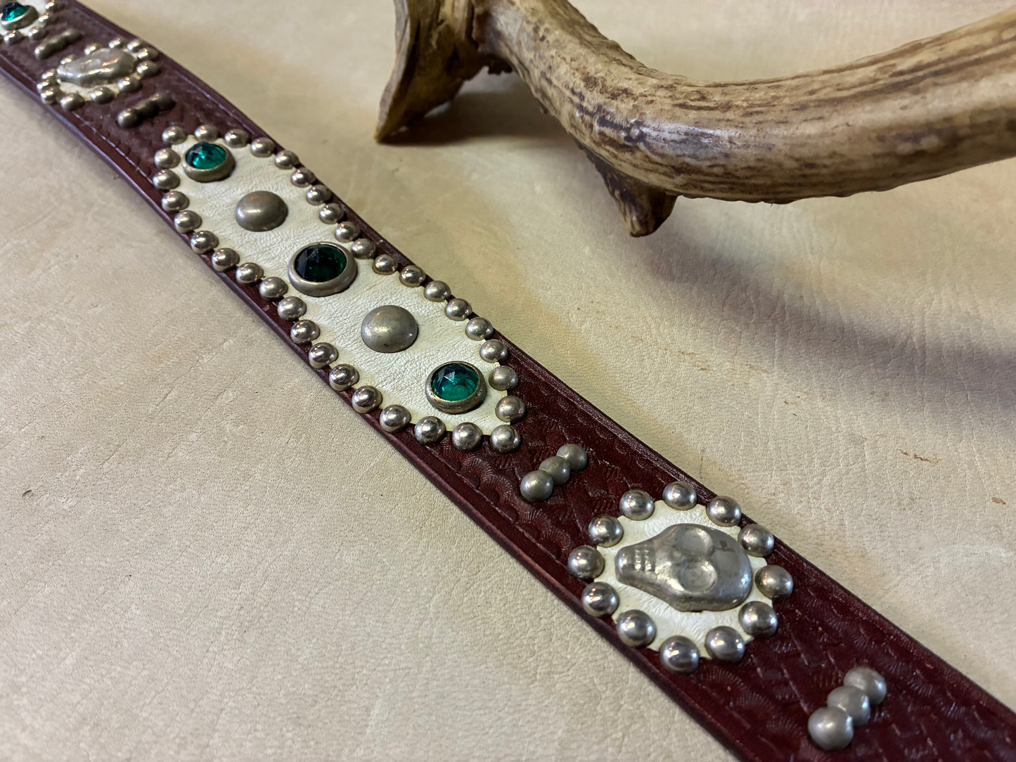 Skull Studded Basket Wave Leather Belt W34inch