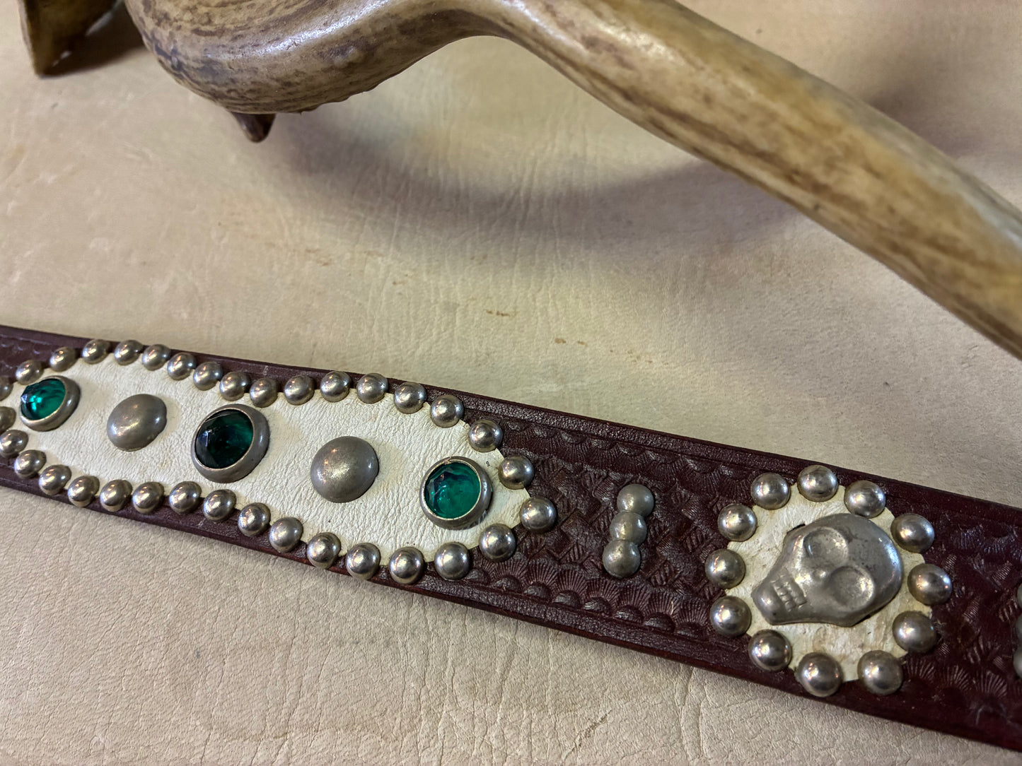 Skull Studded Basket Wave Leather Belt W34inch