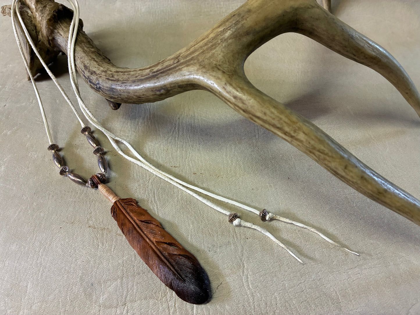 Carving Leather Feather Necklace With Navajo Beads