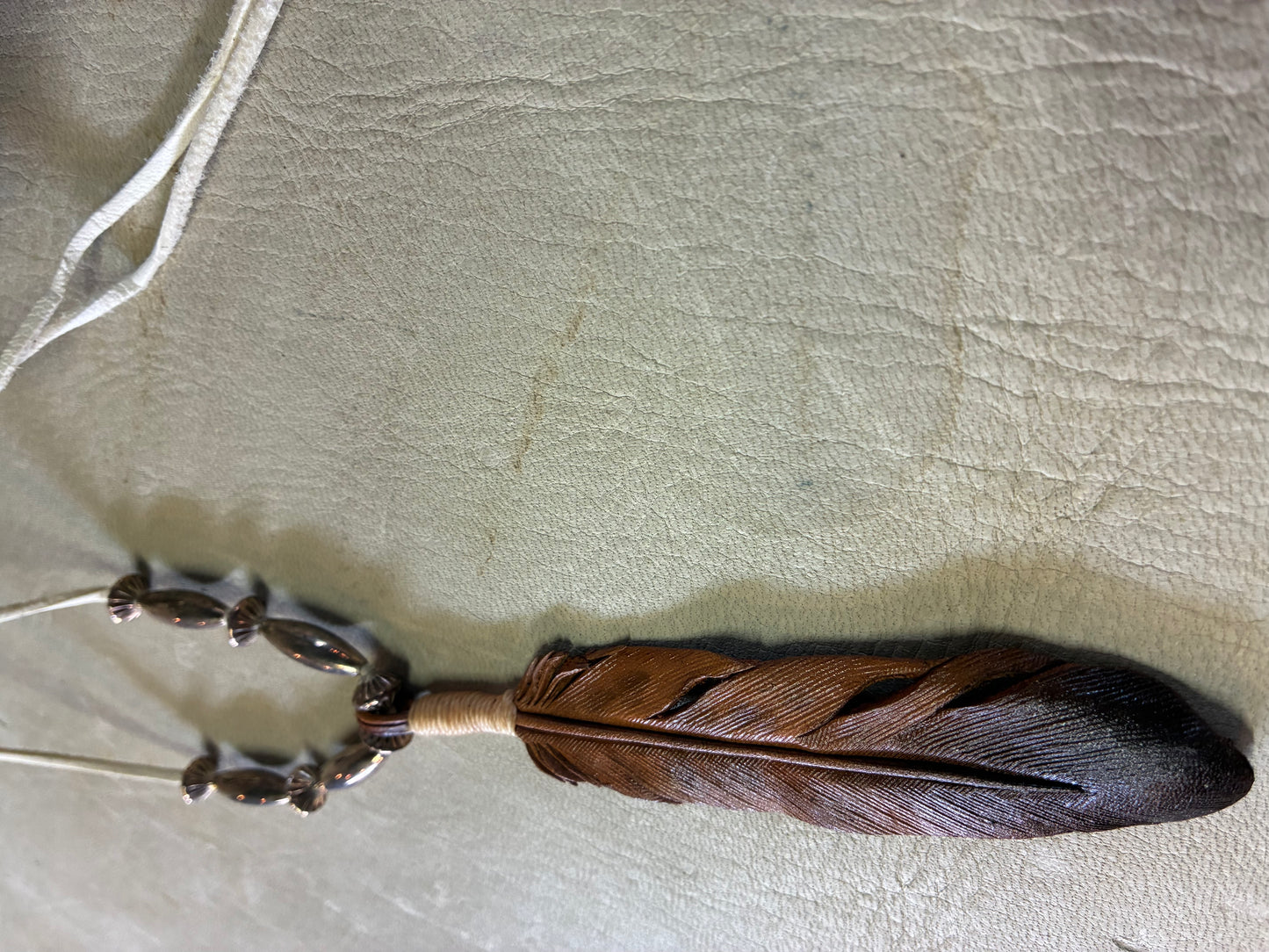 Carving Leather Feather Necklace With Navajo Beads
