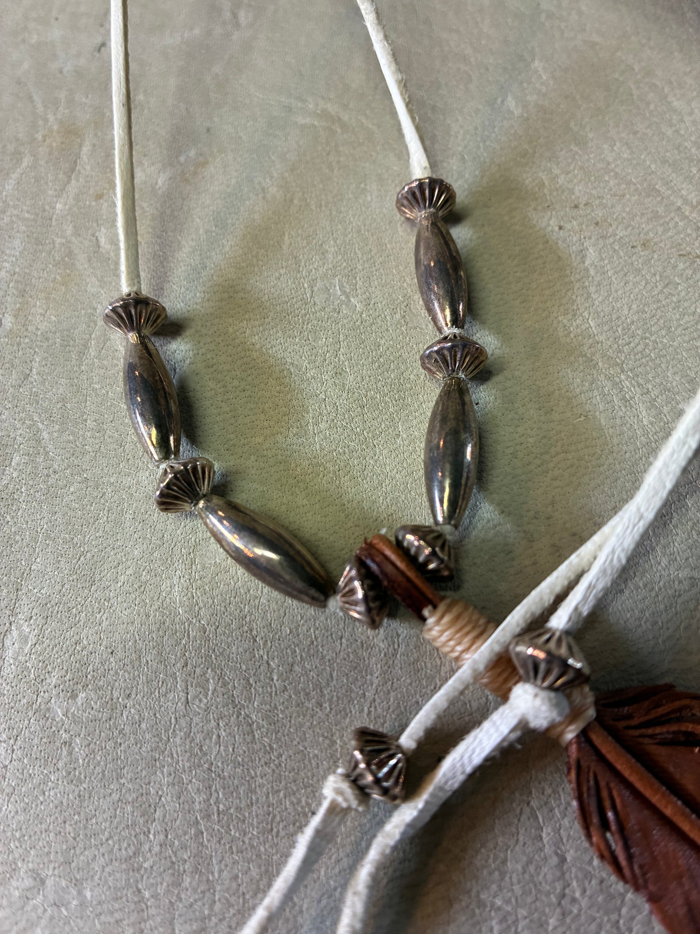 Carving Leather Feather Necklace With Navajo Beads