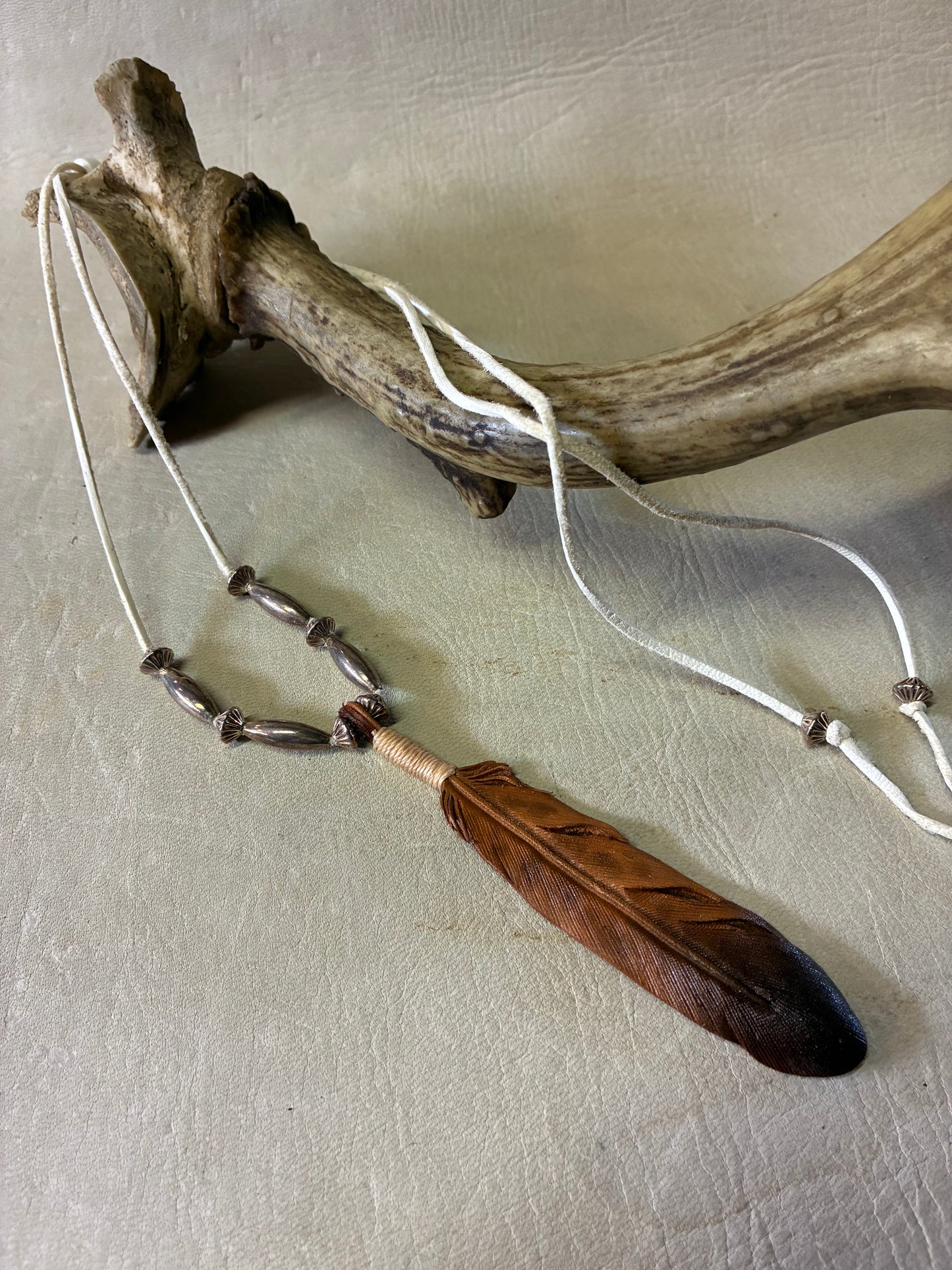 Carving Leather Feather Necklace With Navajo Beads