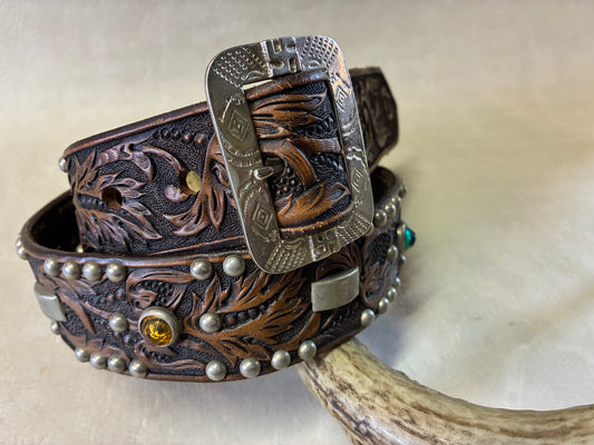 Hand Carving Leather Belt W/Vintage Studdedオーダーメイド