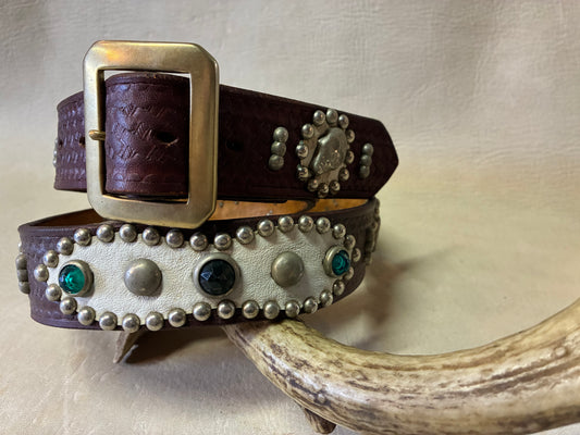 Skull Studded Basket Wave Leather Belt W34inch