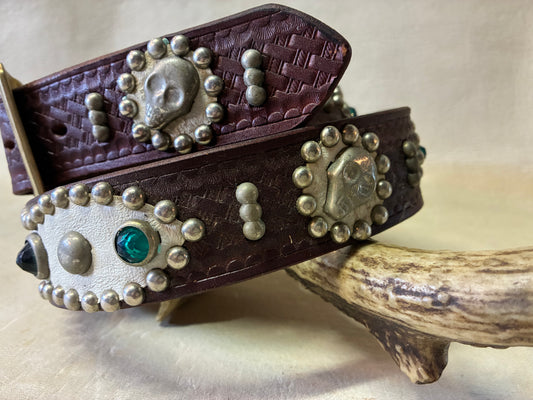 Skull Studded Basket Wave Leather Belt W34inch