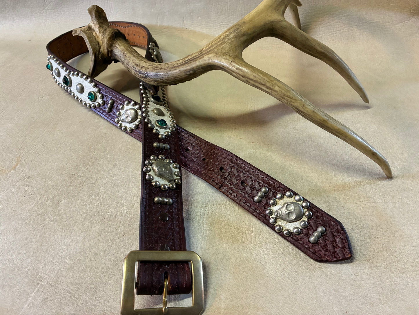 Skull Studded Basket Wave Leather Belt W34inch