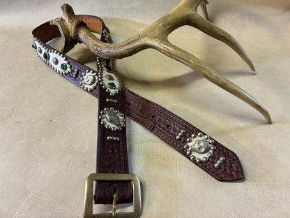 Skull Studded Basket Wave Leather Belt W34inch