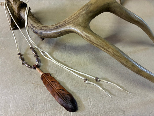 Carving Leather Feather Necklace With Navajo Beads